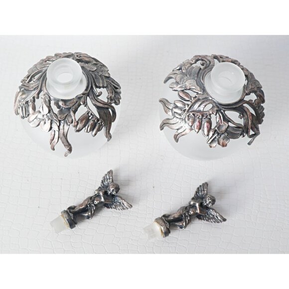 2 Vintage Glass & Pewter Perfume Bottles Winged Cherub Topper Glass - Picture 8 of 10